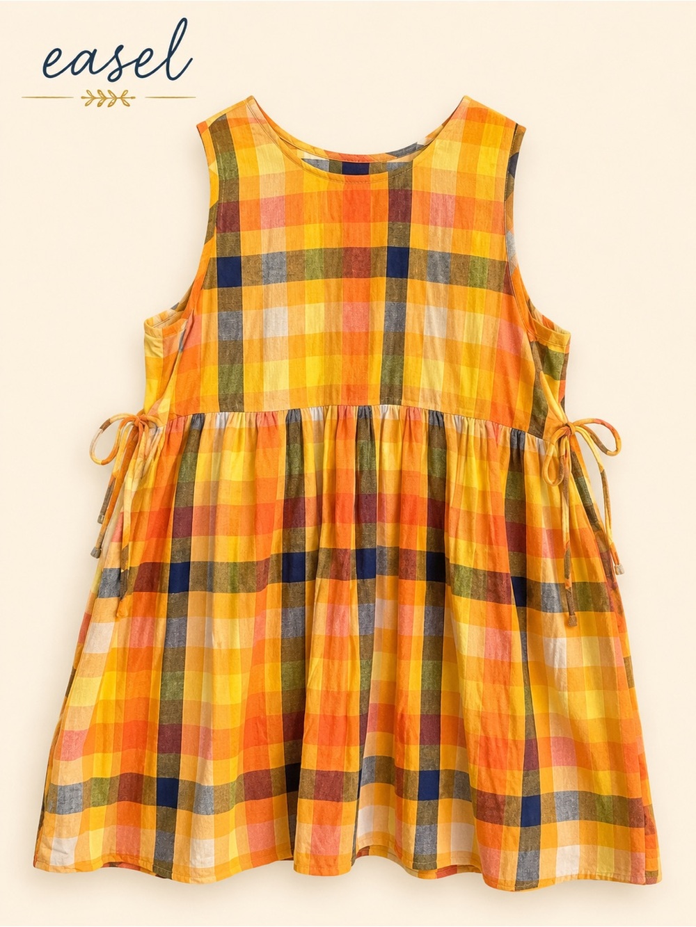 Easel Plaid Babydoll Dress Sleeveless Side Tie Cotton Blend Size S